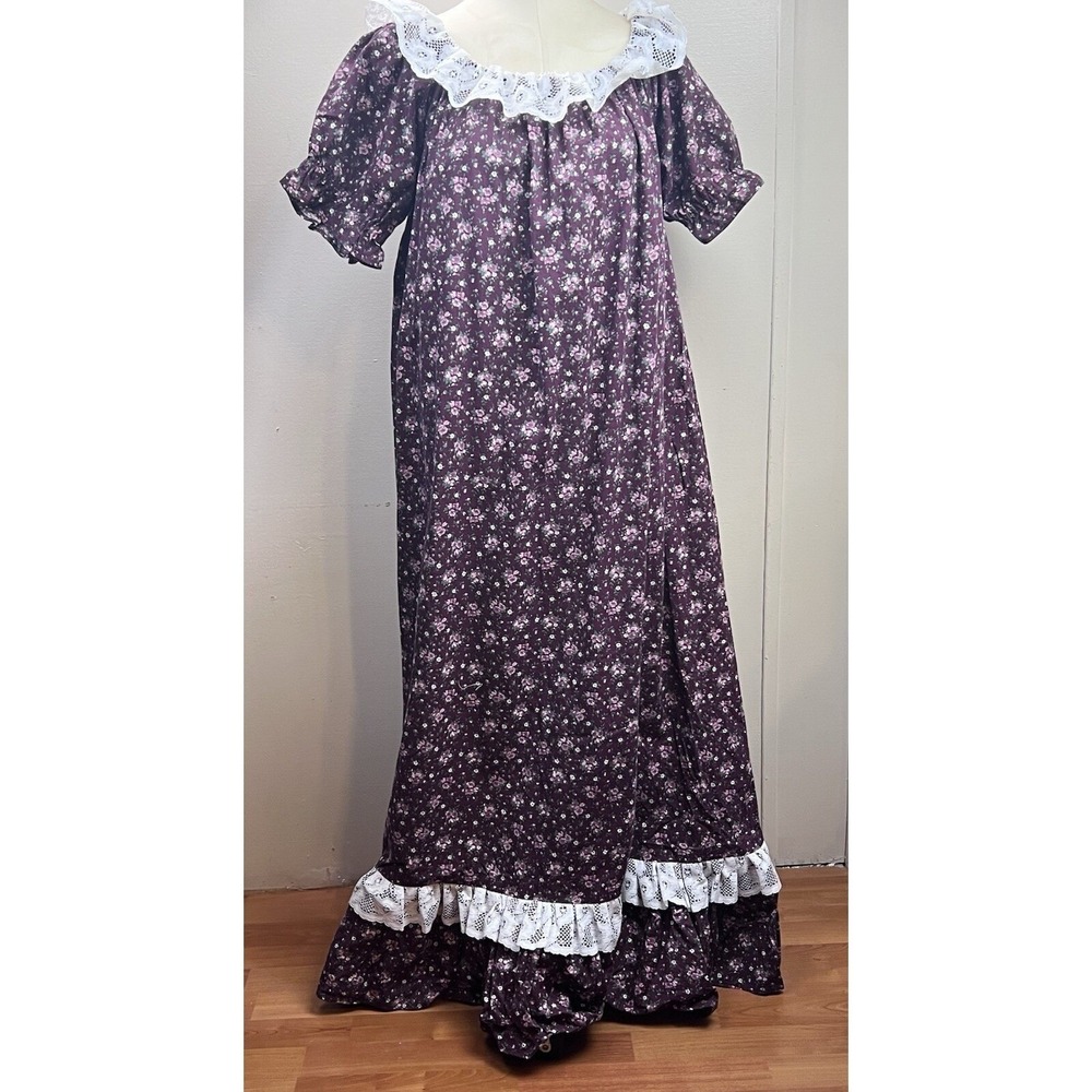 Vtg Handmade Floral Lace Trim Maxi XL Dress Cottagecore Ruffle Crochet Modest